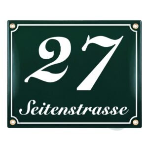 Sosenco Hausnummerschild Hausnummer mit Straßenname - 25x20 cm - Keramik Emaille - Wetterfest - Personalisiert (Grün)