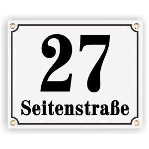 Sosenco Hausnummerschild Hausnummer mit Straßenname - 25x20 cm - Keramik Emaille - Wetterfest - Personalisiert (Weiß)