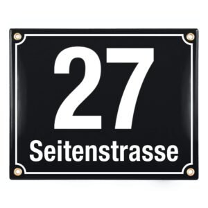 Sosenco Hausnummerschild Hausnummer mit Straßenname - 25x20 cm - Keramik Emaille - Wetterfest - Personalisiert (Schwarz)